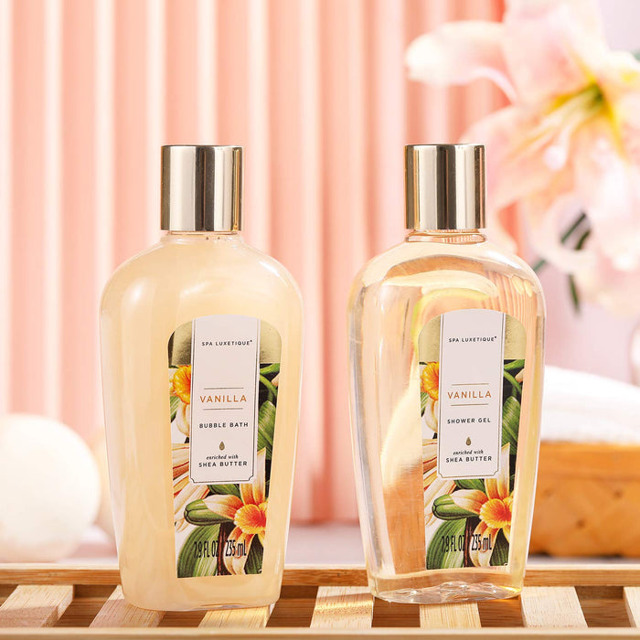 Geschenk für Freundin, SPA LUXETIQUE 12 tlg. Geschenkset Vanilleduft mit Badesalz, Badebomben, Duschgel, Handcreme, Haarturban mit Knopf