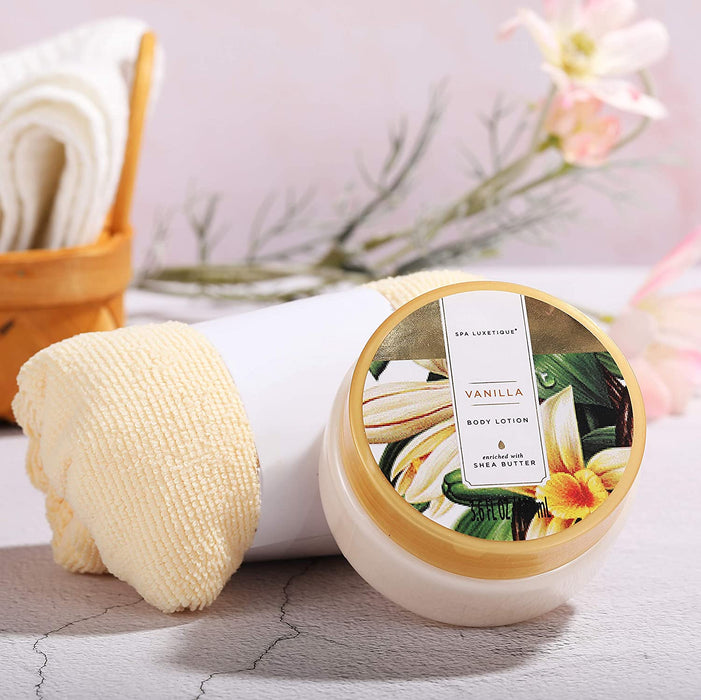Geschenk für Freundin, SPA LUXETIQUE 12 tlg. Geschenkset Vanilleduft mit Badesalz, Badebomben, Duschgel, Handcreme, Haarturban mit Knopf