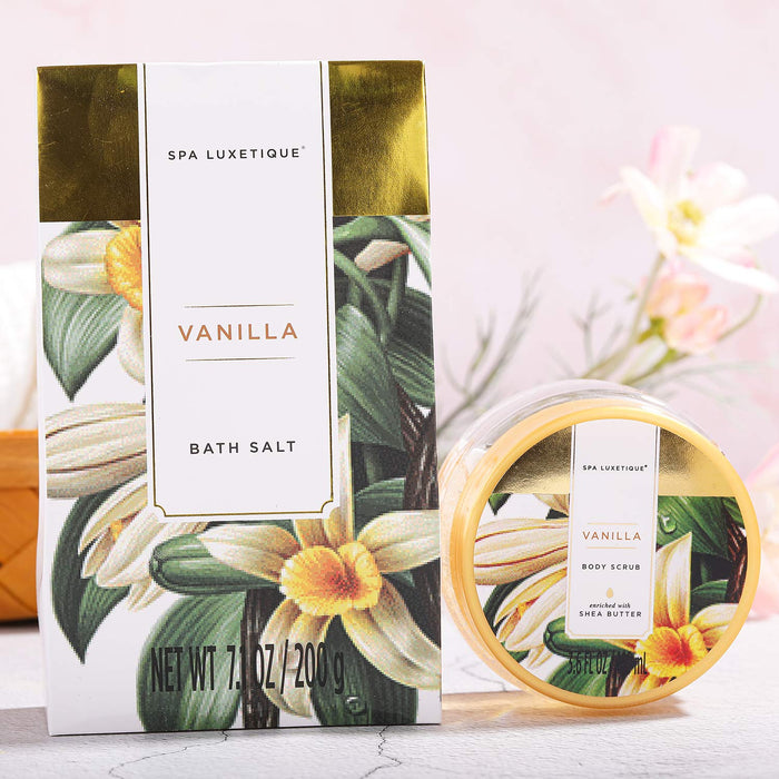 Geschenk für Freundin, SPA LUXETIQUE 12 tlg. Geschenkset Vanilleduft mit Badesalz, Badebomben, Duschgel, Handcreme, Haarturban mit Knopf