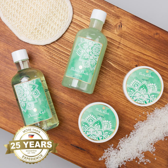 Geschenkset ALOE VERA im Holzkorb Bade-, SPA und Dusch Set Aloe Vera und Green Tea Duft – 7-teiliges Geschenk-set in dekorativem Korb aus Holz