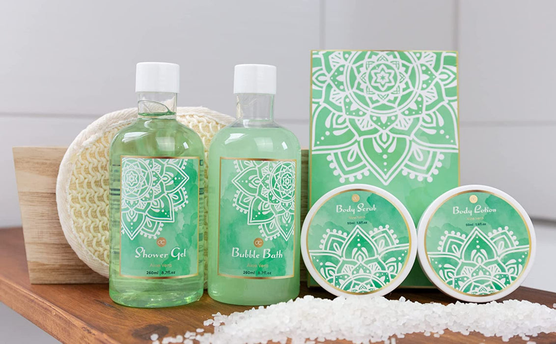 Geschenkset ALOE VERA im Holzkorb Bade-, SPA und Dusch Set Aloe Vera und Green Tea Duft – 7-teiliges Geschenk-set in dekorativem Korb aus Holz