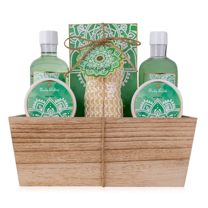 Geschenkset ALOE VERA im Holzkorb Bade-, SPA und Dusch Set Aloe Vera und Green Tea Duft – 7-teiliges Geschenk-set in dekorativem Korb aus Holz