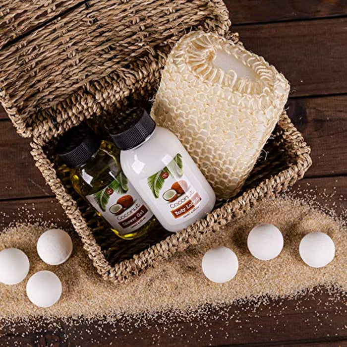 Geschenkset Coconut Seegrastruhe, Bade-, SPA und Dusch Set Kokos-Duft – Großes Geschenk set in dekorativer Truhe aus Seegras, bestes Geschenk
