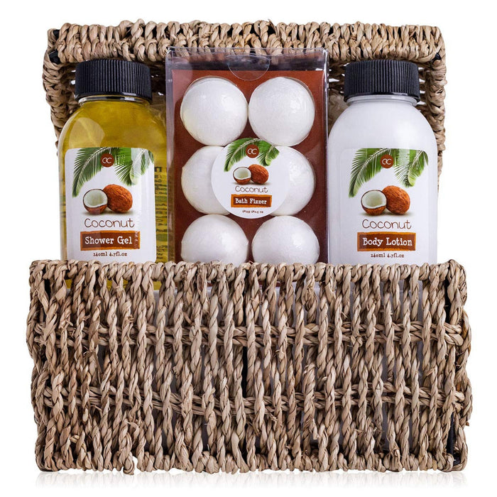 Geschenkset Coconut Seegrastruhe, Bade-, SPA und Dusch Set Kokos-Duft – Großes Geschenk set in dekorativer Truhe aus Seegras, bestes Geschenk