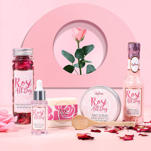 Geschenkset Frauen, Beauty Geschenke für Frauen, Spa Korb mit Rose, Spa Damen Geschenkset mit Schaumbad, Badesalz, Seife, Salzpeeling, Löffel