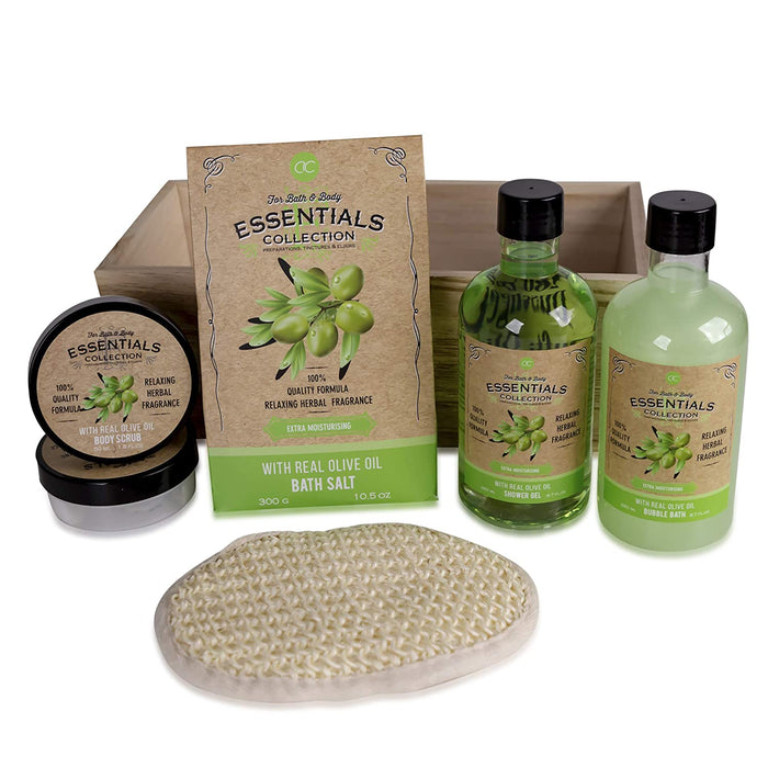 Geschenkset OLIVE im Holzkorb Bade-, SPA und Dusch Set Olive Duft – 6-teiliges Geschenk set in dekorativem Korb aus Holz,