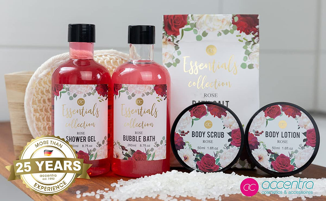 Geschenkset ROSE im Holzkorb Bade, SPA und Dusch Set Rosen Duft – 7-teiliges Geschenk-set in dekorativem Korb aus Holz