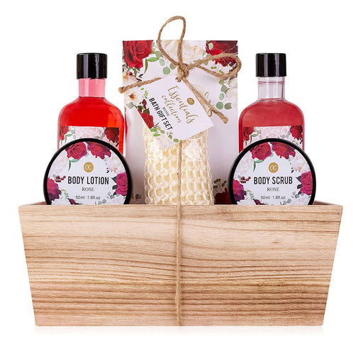 Geschenkset ROSE im Holzkorb Bade, SPA und Dusch Set Rosen Duft – 7-teiliges Geschenk-set in dekorativem Korb aus Holz