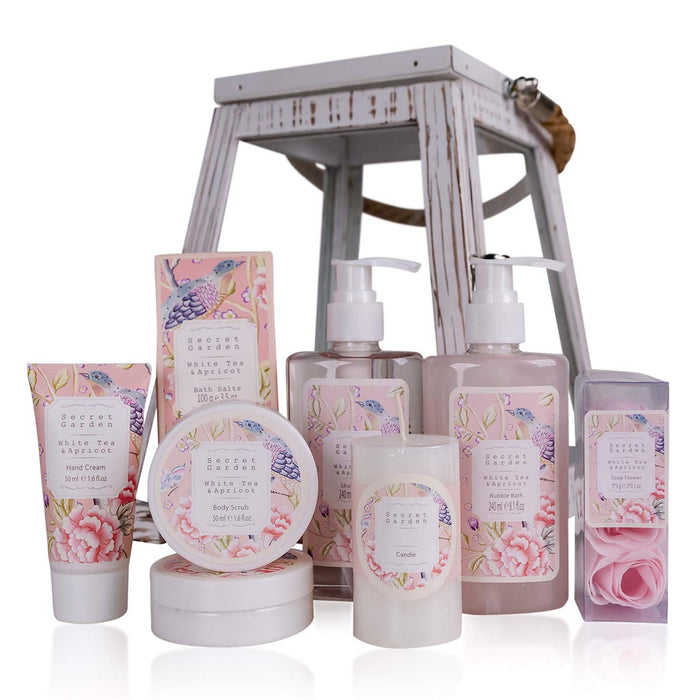 Geschenkset Secret Garden Bade Und Dusch Set Mit White Tea & Apricot Duft - 11-Teiliges Geschenk-Set