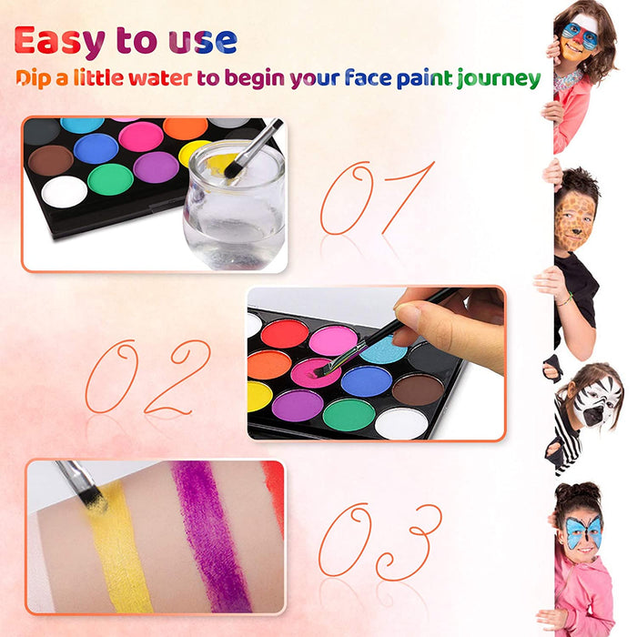 Gesichtsfarbe, Body Painting Kinderschminke Set mit 15 Farben, Halloween Gesichtsbemalung Professionelle Palette mit Bürste, Waschbar