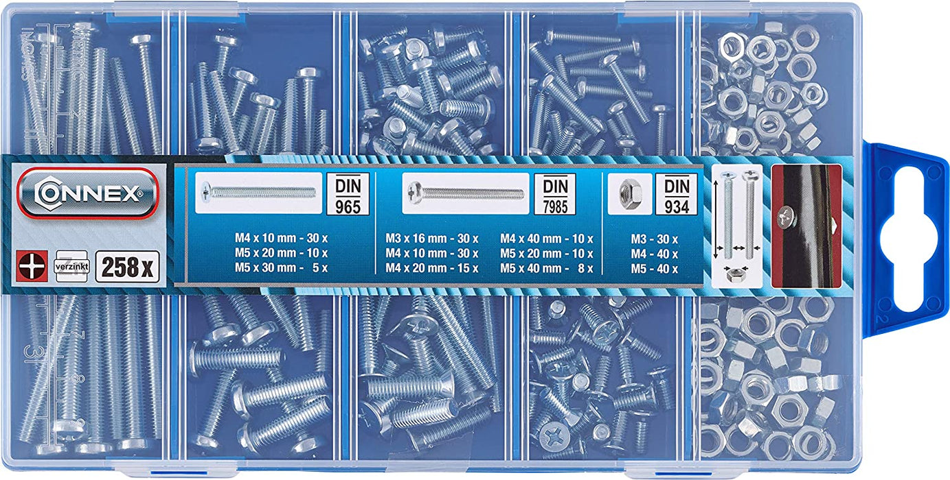 Gewindeschrauben-Sortiment 258-teilig - Diverse Größen - Senkkopf & Linsenkopf - PH Phillips-Antrieb - Vollgewinde - Verzinkt - Inklusive Muttern