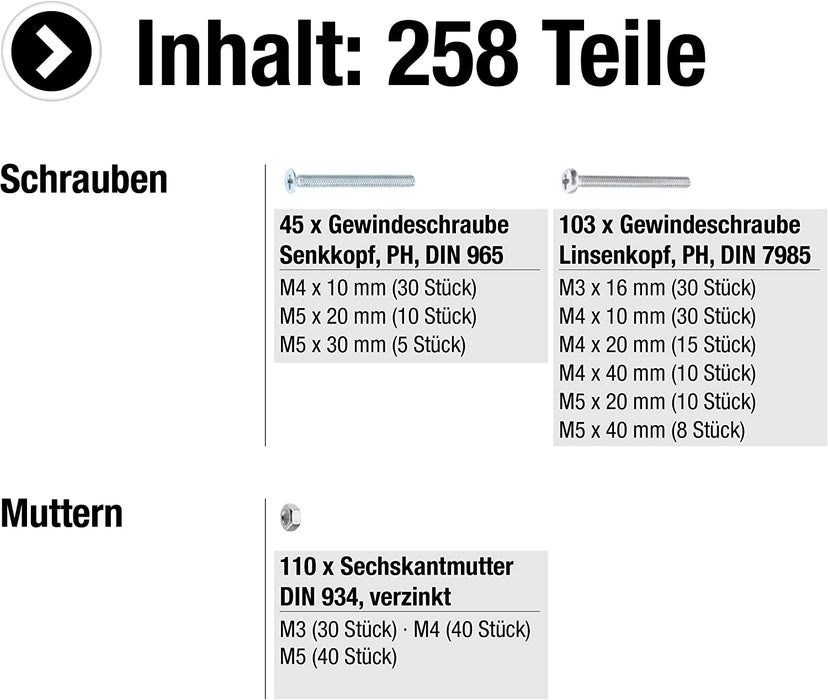 Gewindeschrauben-Sortiment 258-teilig - Diverse Größen - Senkkopf & Linsenkopf - PH Phillips-Antrieb - Vollgewinde - Verzinkt - Inklusive Muttern
