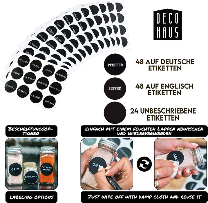Gewürzgläser mit Schraubkappe - 12er Set - Verschiedene Streuer-Aufsätze, Trichter, Bürste, Etiketten & Kreidestift 