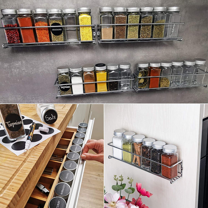 Gewürzgläser mit Schraubkappe - 12er Set - Verschiedene Streuer-Aufsätze, Trichter, Bürste, Etiketten & Kreidestift 