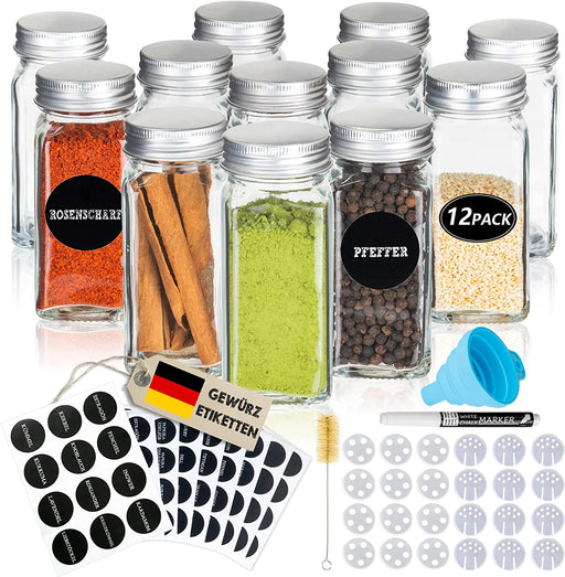 Gewürzgläser mit Schraubkappe - 12er Set - Verschiedene Streuer-Aufsätze, Trichter, Bürste, Etiketten & Kreidestift 