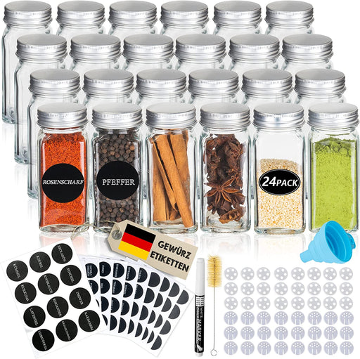  Gewürzgläser mit Schraubkappe - 24er Set 120ml - Verschiedene Streuer-Aufsätze, Trichter, Bürste Etiketten & Kreidestift - Gewürzdosen 