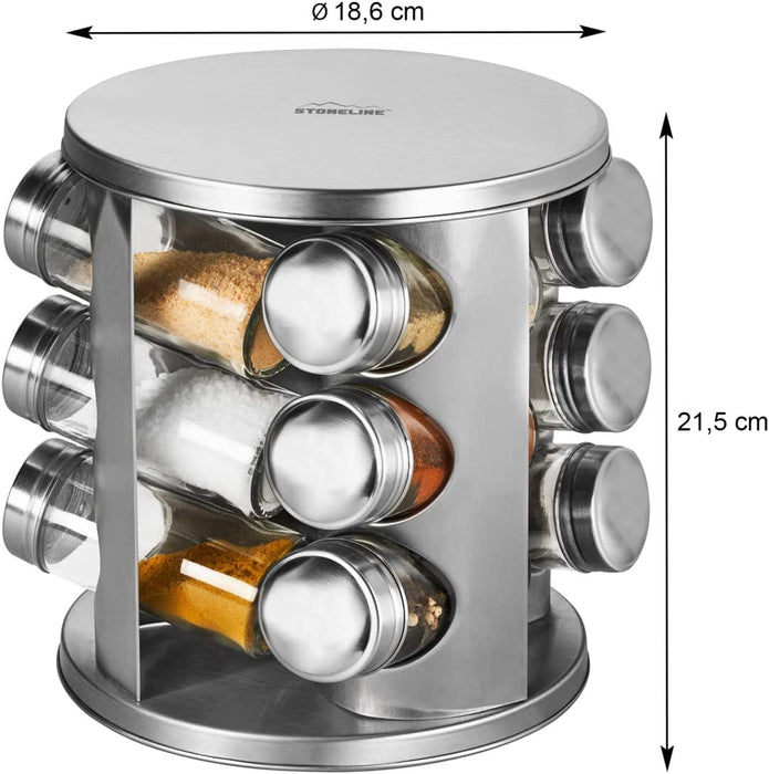 Gewürzregal, Gewürzkarussell drehbar aus Edelstahl mit 12 Gewürzgläser, Gewürzregal stehend mit Aufkleber zum Beschriften, Küchen Zubehör 