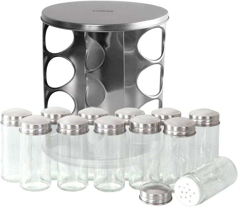 Gewürzregal, Gewürzkarussell drehbar aus Edelstahl mit 12 Gewürzgläser, Gewürzregal stehend mit Aufkleber zum Beschriften, Küchen Zubehör 