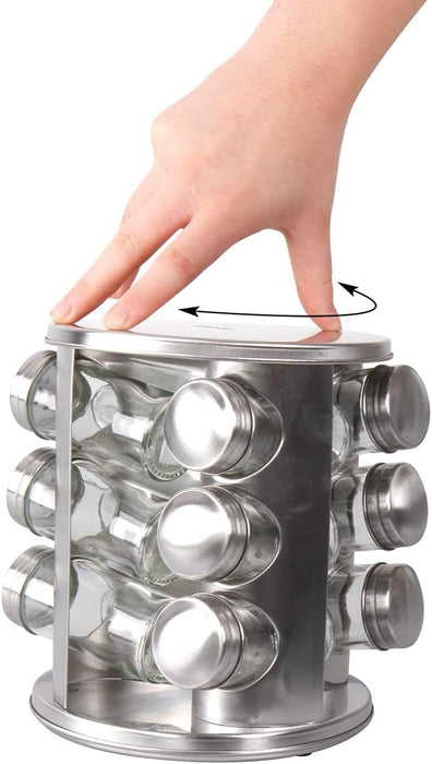 Gewürzregal, Gewürzkarussell drehbar aus Edelstahl mit 12 Gewürzgläser, Gewürzregal stehend mit Aufkleber zum Beschriften, Küchen Zubehör 