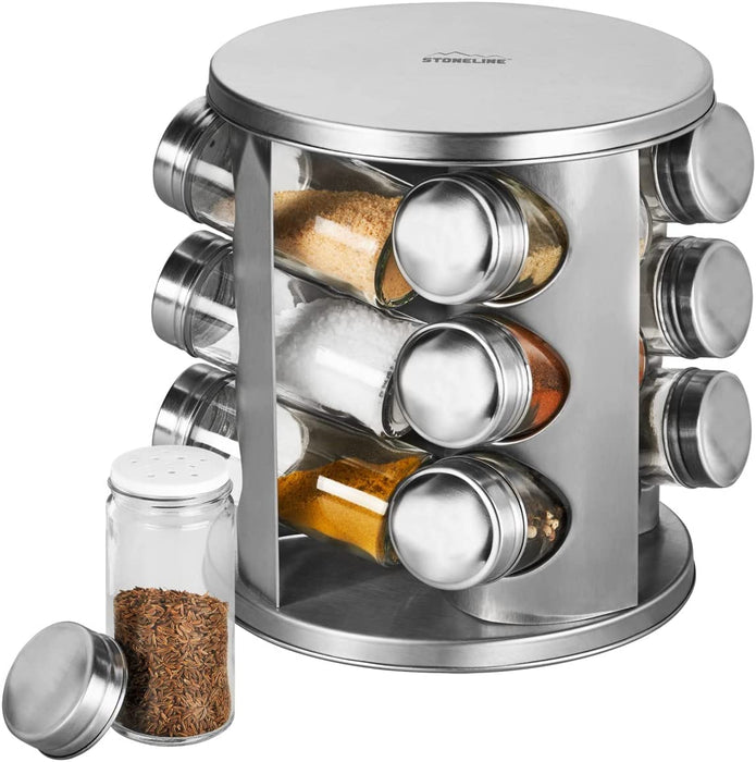 Gewürzregal, Gewürzkarussell drehbar aus Edelstahl mit 12 Gewürzgläser, Gewürzregal stehend mit Aufkleber zum Beschriften, Küchen Zubehör 
