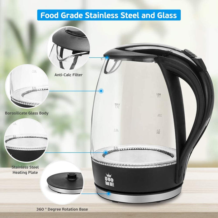 Glas Wasserkocher 1,7 I Glaswasserkocher I Wasserkessel 2200W I Kalkfilter I Blau LED Teekessel I 360°-Sockel I Abschaltautomatik I Trockengehschutz