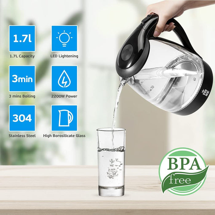 Glas Wasserkocher 1,7 I Glaswasserkocher I Wasserkessel 2200W I Kalkfilter I Blau LED Teekessel I 360°-Sockel I Abschaltautomatik I Trockengehschutz