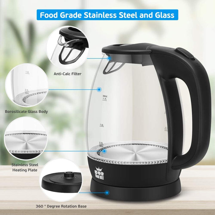 Glas Wasserkocher 1,7 I Glaswasserkocher I Wasserkessel 2200W I Kalkfilter I Blau LED Teekessel I 360°-Sockel I Abschaltautomatik I Trockengehschutz