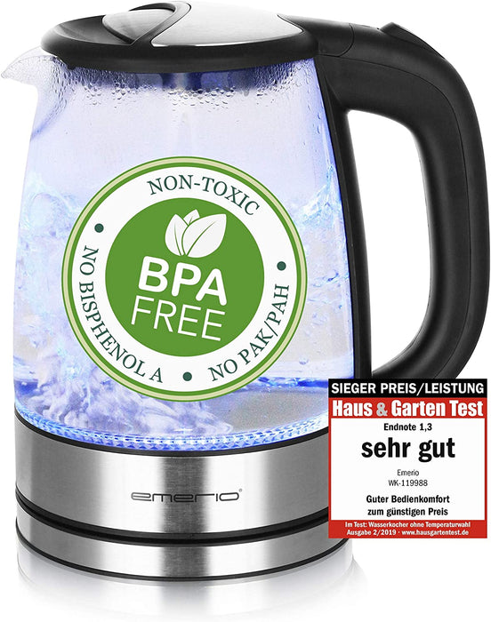 Glas Wasserkocher,1.7 Liter, 2200 Watt, LED Innenbeleuchtung, 360° Basis, Sieger Preis/Leistung Haus & Garten Test 02/2019, 1.7 liters