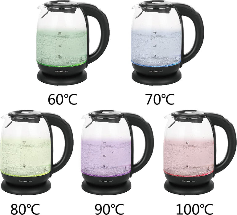 Glas Wasserkocher mit Temperaturwahl (60°C/70°C/80°C/90°C/100°C), BPA-frei, Trockengehschutz, Auto-Off, 2200 Watt, Edelstahl, 1.7 liters