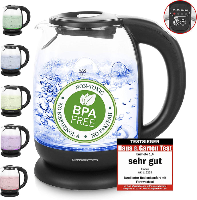 Glas Wasserkocher mit Temperaturwahl (60°C/70°C/80°C/90°C/100°C), BPA-frei, Trockengehschutz, Auto-Off, 2200 Watt, Edelstahl, 1.7 liters