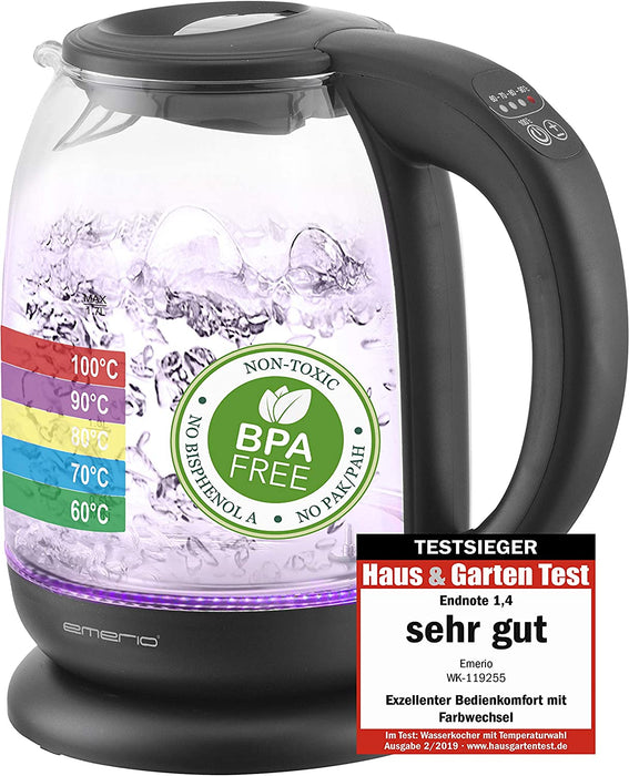Glas Wasserkocher mit Temperaturwahl (60°C/70°C/80°C/90°C/100°C), BPA-frei, Trockengehschutz, Auto-Off, 2200 Watt, Edelstahl, 1.7 liters