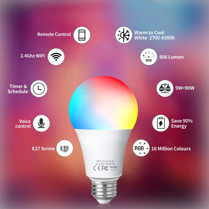 Glühbirne Smart Lampe E27, WLAN Lampe LED Kompatibel mit Alexa Google Home, 9W, Dimmbar Warmweiß-Kaltweiß und Mehrfarbige Birne, Kontrolle durch APP