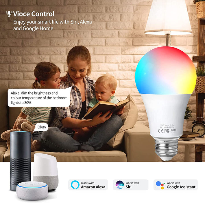 Glühbirne Smart Lampe E27, WLAN Lampe LED Kompatibel mit Alexa Google Home, 9W, Dimmbar Warmweiß-Kaltweiß und Mehrfarbige Birne, Kontrolle durch APP