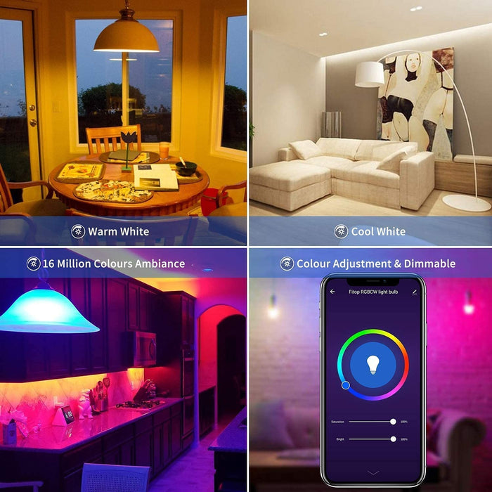 Glühbirne Smart Lampe E27, WLAN Lampe LED Kompatibel mit Alexa Google Home, 9W, Dimmbar Warmweiß-Kaltweiß und Mehrfarbige Birne, Kontrolle durch APP