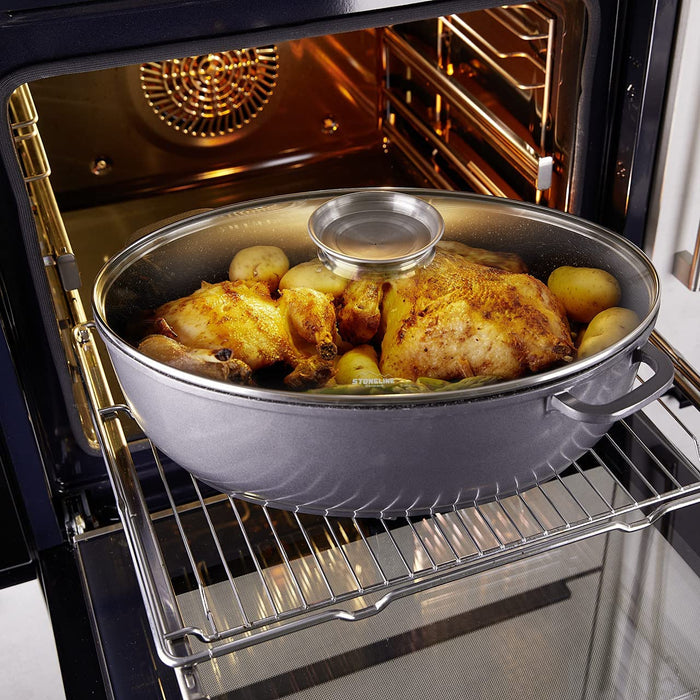 Gourmet Bräter, oval, 38,8 x 26,3 cm, 8 L, mit Aroma-Glasdeckel zur dosierten Zugabe von Flüssigkeiten, Aluguss Bräter Induktion und backofengeeignet