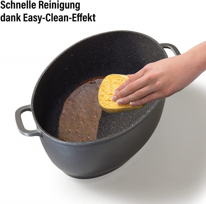 Gourmet Bräter, oval, 38,8 x 26,3 cm, 8 L, mit Aroma-Glasdeckel zur dosierten Zugabe von Flüssigkeiten, Aluguss Bräter Induktion und backofengeeignet