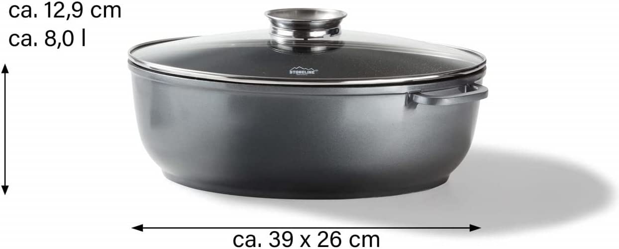 Gourmet Bräter, oval, 38,8 x 26,3 cm, 8 L, mit Aroma-Glasdeckel zur dosierten Zugabe von Flüssigkeiten, Aluguss Bräter Induktion und backofengeeignet