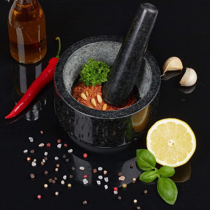 Granit Mörser mit Stößel, langlebig, Gewürze, Kräuter, rutschfest, Steinmörser, Ø 14 cm, 400 ml, grau/weiß