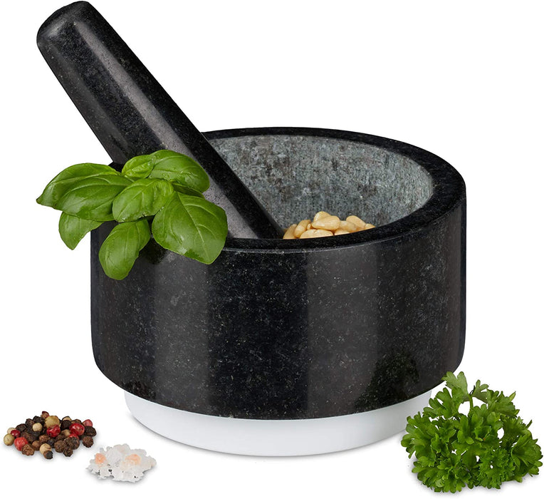 Granit Mörser mit Stößel, langlebig, Gewürze, Kräuter, rutschfest, Steinmörser, Ø 14 cm, 400 ml, grau/weiß
