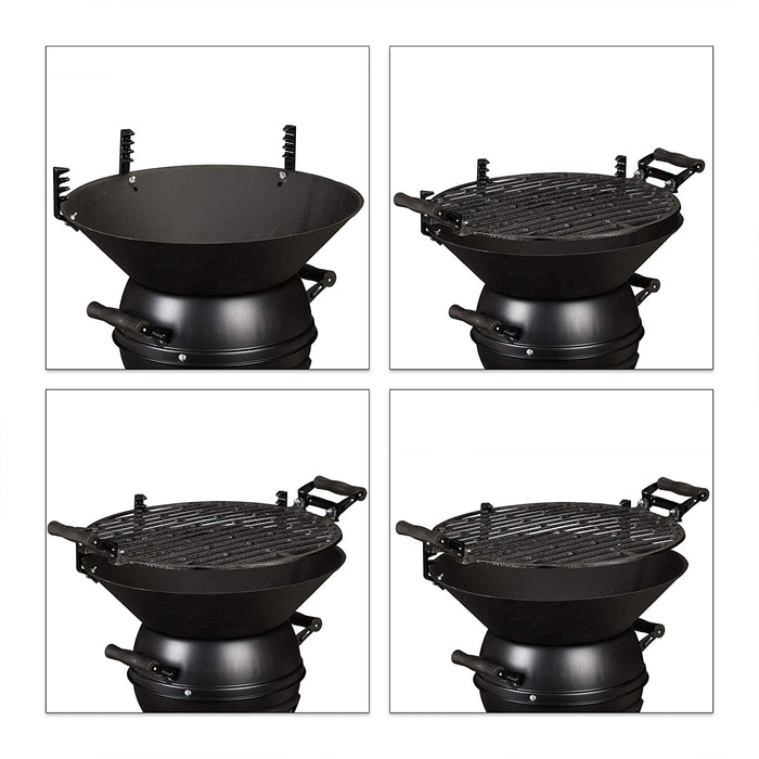 Grillfass, Gusseisen und Stahl, höhenverstellbar, tragbar, Barbecue Holzkohlegrill, Grillrost Ø 35 cm, schwarz