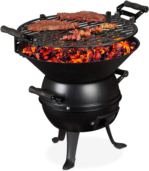Grillfass, Gusseisen und Stahl, höhenverstellbar, tragbar, Barbecue Holzkohlegrill, Grillrost Ø 35 cm, schwarz