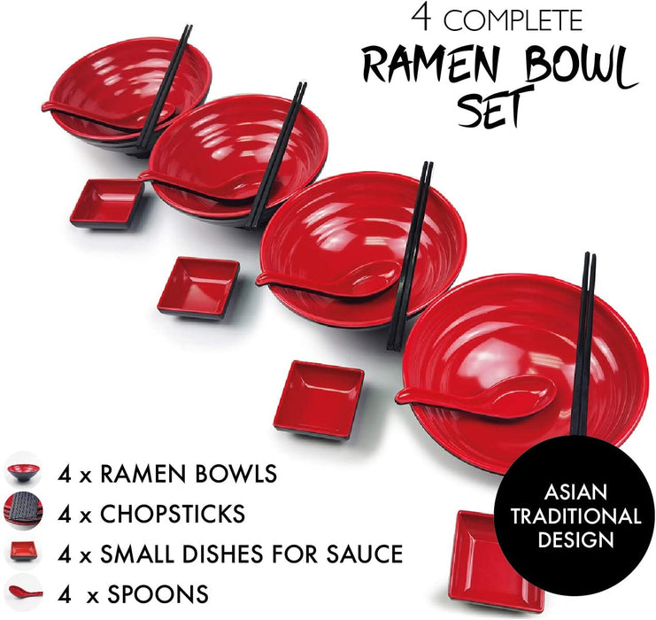 Groß Ramen Schüssel Set - Enthält 4 Melamin Ramen Bowl, Essstäbchen, Löffel and kleine Schüssel für Sauce - Japanisches Geschirr Ideal für Ramen Nudeln oder Pho Nudelsuppe - 4 Sätze,16
