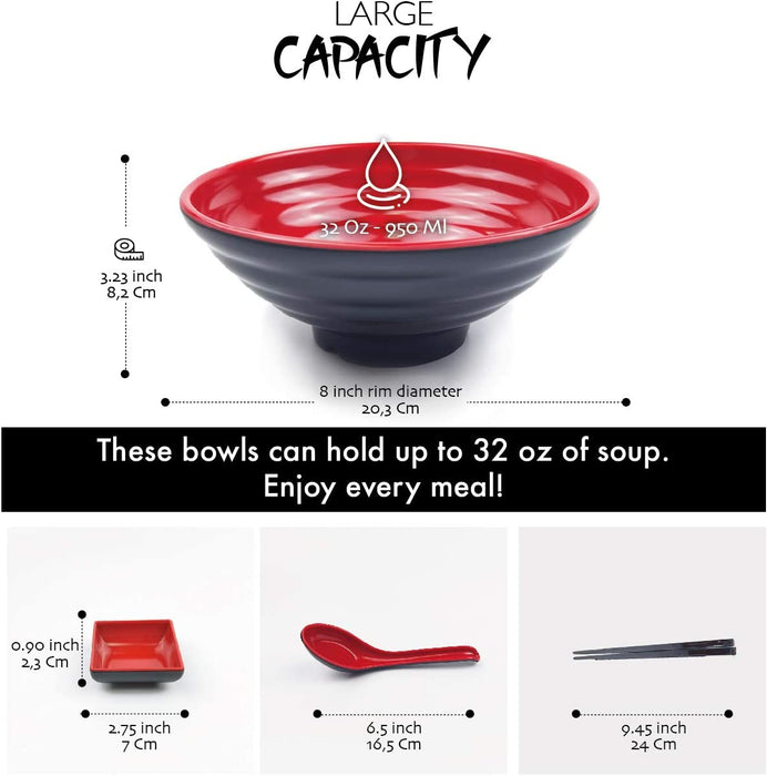 Groß Ramen Schüssel Set - Enthält 4 Melamin Ramen Bowl, Essstäbchen, Löffel and kleine Schüssel für Sauce - Japanisches Geschirr Ideal für Ramen Nudeln oder Pho Nudelsuppe - 4 Sätze,16