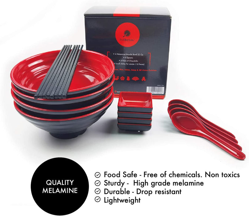 Groß Ramen Schüssel Set - Enthält 4 Melamin Ramen Bowl, Essstäbchen, Löffel and kleine Schüssel für Sauce - Japanisches Geschirr Ideal für Ramen Nudeln oder Pho Nudelsuppe - 4 Sätze,16