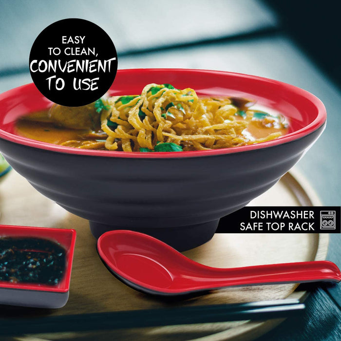 Groß Ramen Schüssel Set - Enthält 4 Melamin Ramen Bowl, Essstäbchen, Löffel and kleine Schüssel für Sauce - Japanisches Geschirr Ideal für Ramen Nudeln oder Pho Nudelsuppe - 4 Sätze,16