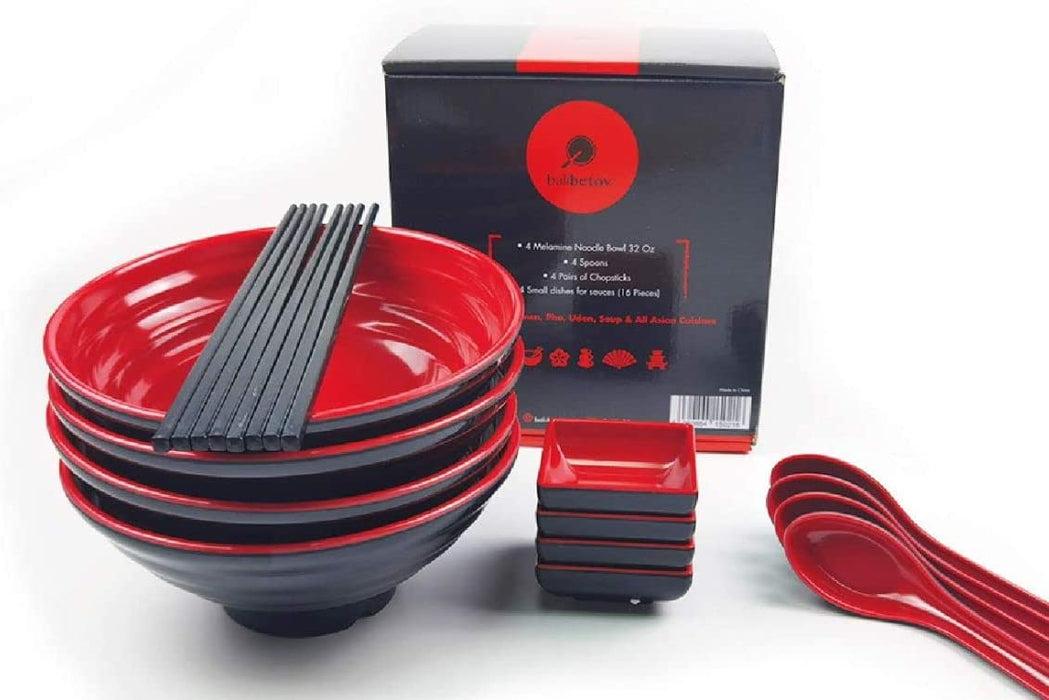 Groß Ramen Schüssel Set - Enthält 4 Melamin Ramen Bowl, Essstäbchen, Löffel and kleine Schüssel für Sauce - Japanisches Geschirr Ideal für Ramen Nudeln oder Pho Nudelsuppe - 4 Sätze,16