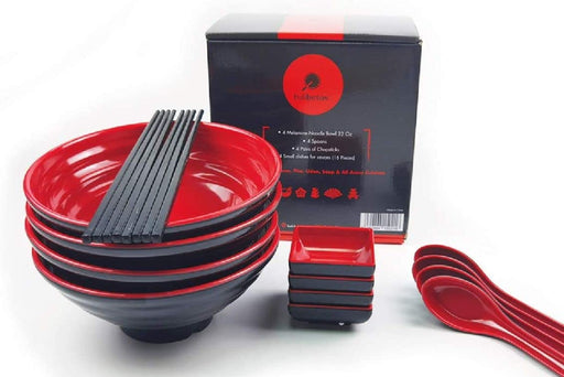 Groß Ramen Schüssel Set - Enthält 4 Melamin Ramen Bowl, Essstäbchen, Löffel and kleine Schüssel für Sauce - Japanisches Geschirr Ideal für Ramen Nudeln oder Pho Nudelsuppe - 4 Sätze,16