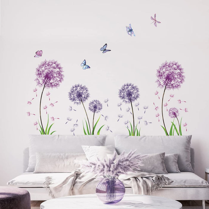  Groß Wandtattoo Löwenzahn, Lila Wandsticker für Kinderzimmer Mädchen, Wandtattoo Pusteblume für Schlafzimmer, Schmetterling Pflanzen Blumen 
