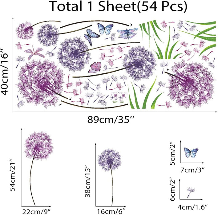  Groß Wandtattoo Löwenzahn, Lila Wandsticker für Kinderzimmer Mädchen, Wandtattoo Pusteblume für Schlafzimmer, Schmetterling Pflanzen Blumen 