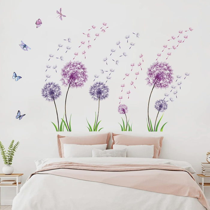  Groß Wandtattoo Löwenzahn, Lila Wandsticker für Kinderzimmer Mädchen, Wandtattoo Pusteblume für Schlafzimmer, Schmetterling Pflanzen Blumen 
